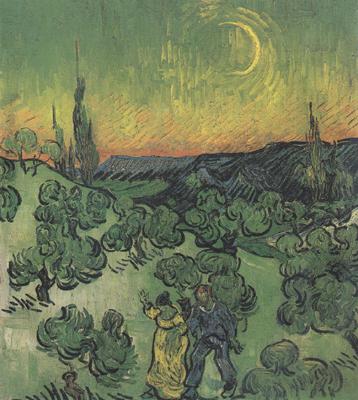 Vincent Van Gogh Landscape with Couple Walking and Crescent Moon (nn04) Germany oil painting art